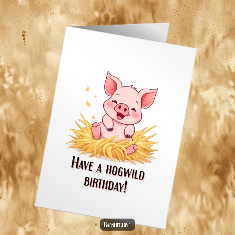Funny Free Printable Piglet Birthday Card - Happy piglet rolling in hay, kicking dust, perfect humorous DIY downloadable greeting.