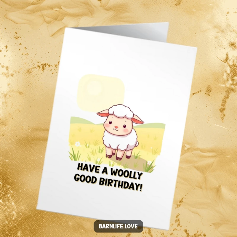 Funny Free Printable Sheep Birthday Card - Contented sheep with soft wool grazing in a sunlit field, charming DIY downloadable.