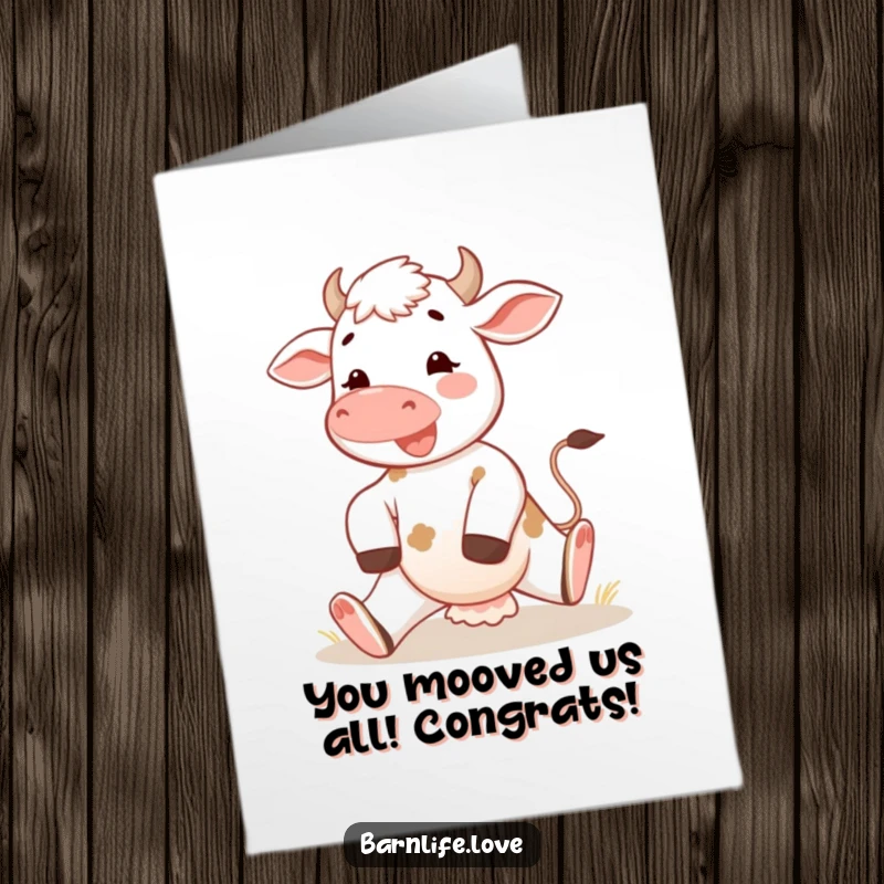 Funny free printable calf card: Cheerful calf stretching legs in morning sun, celebrating success with farmyard gusto.