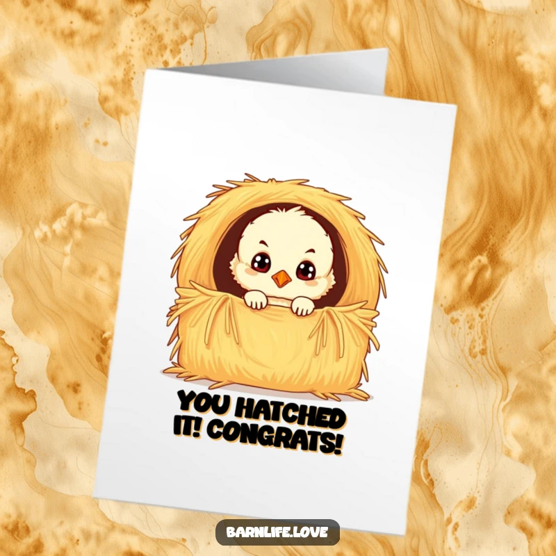 Funny free printable chick card: Fluffy yellow chick with curious eyes peeking from a hay bale, perfect for congratulations.