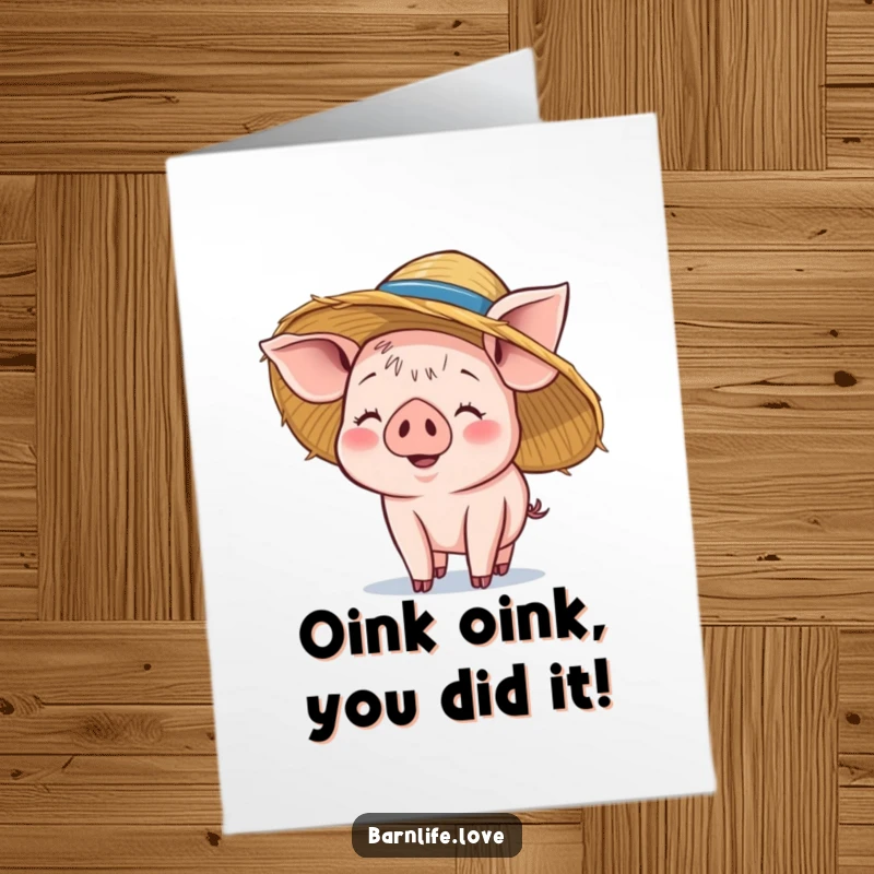 Funny free printable piglet card: Smiling piglet wearing a straw hat, happily celebrating a big achievement, a farmyard star.