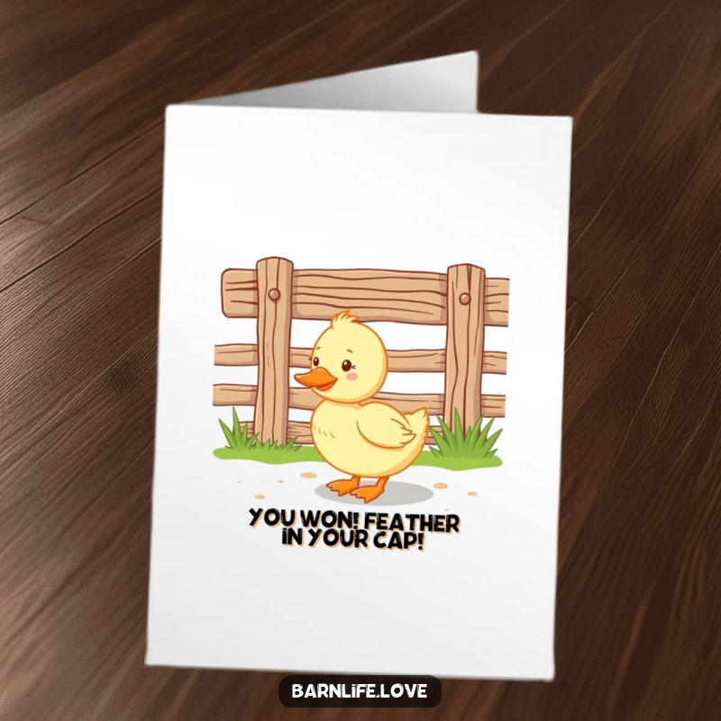 Funny free printable duckling card: Happy duckling waddling near a wooden fence, celebrating a big win with farmyard charm.
