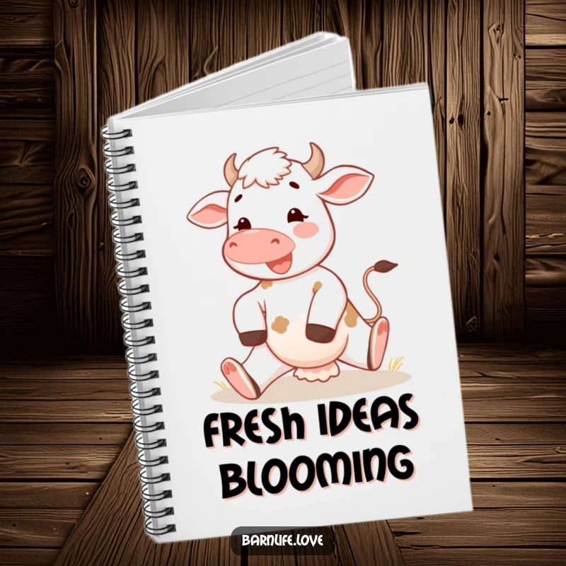 Funny calf notebook depicting a happy young cow stretching its legs in the morning sun, ideal for journaling and jotting bright ideas.