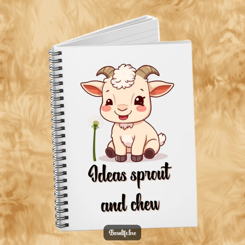 Funny goat munching notebook with a content goat eating a dandelion, perfect for writing and notes.