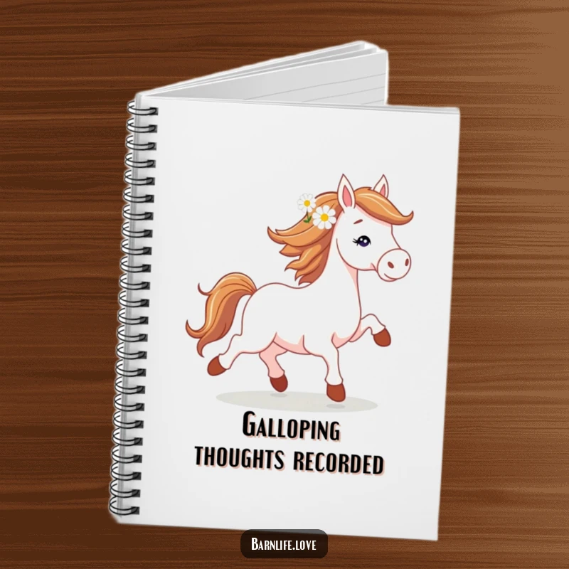 Funny horse trotting notebook with a spirited horse and daisy, perfect for jotting down ideas.