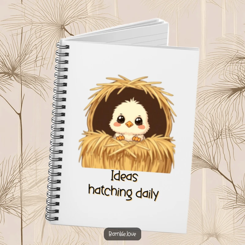 Funny Notebook with a fluffy chick peeking from a straw bale, perfect for jotting down humorous thoughts and farm-inspired ideas.