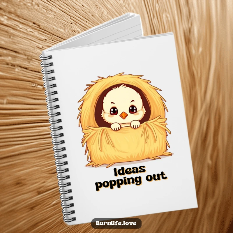 Funny chick notebook featuring a fluffy baby bird with wide, curious eyes peeking from a hay bale, perfect for note-taking and journaling.