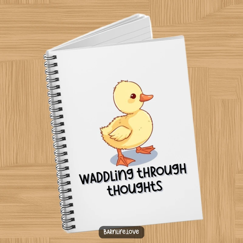 Funny Notebook with a curious duckling waddling towards a shiny water trough, perfect for jotting down curious thoughts and farm-inspired ideas.