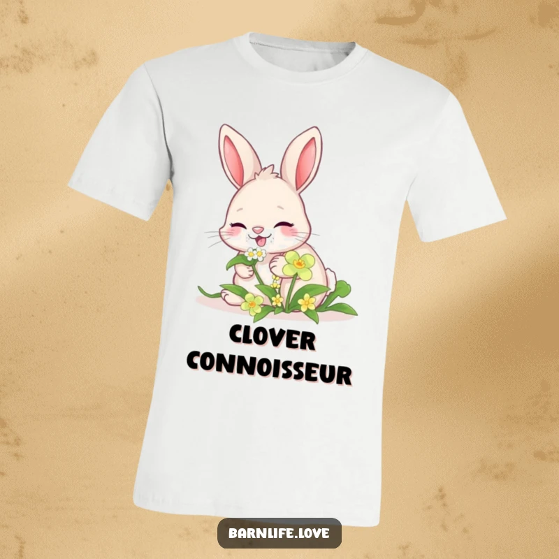 Funny giggling bunny t-shirt with a joyful rabbit nibbling on a clover patch, embodying happiness.