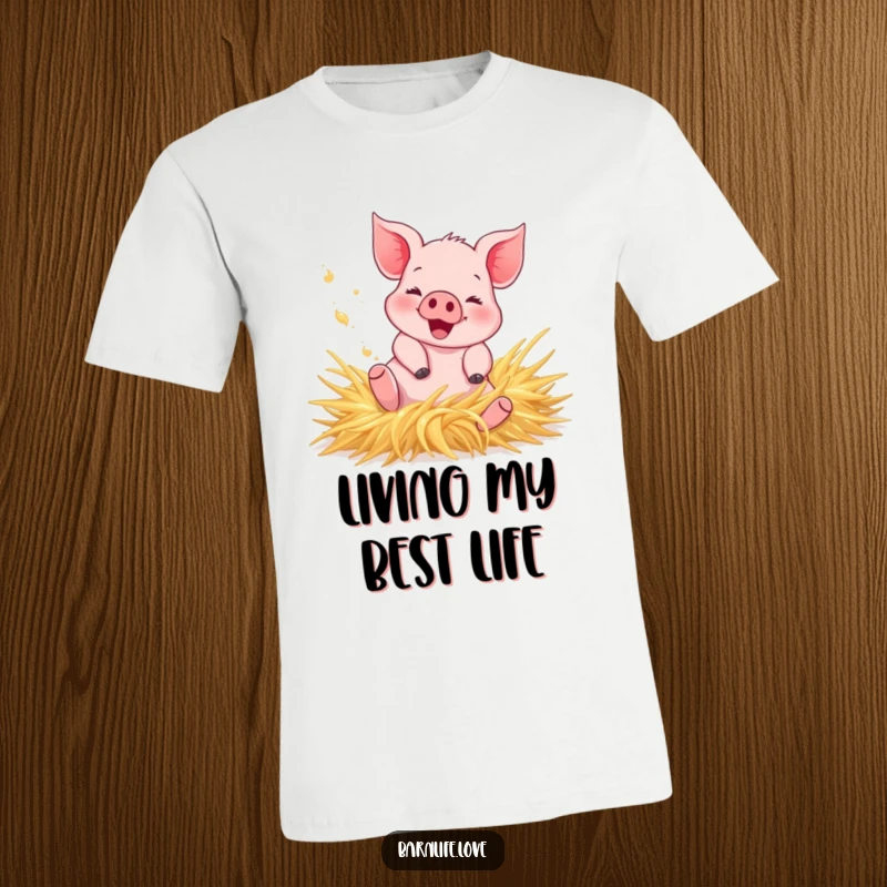 Funny T-Shirt depicting a happy piglet gleefully rolling in hay, kicking up dust, showcasing a jubilant farm animal.