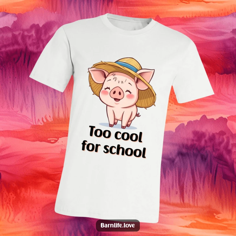 Funny piglet t-shirt featuring a smiling baby pig balancing a straw hat on its head, radiating joy and farm-themed personality.