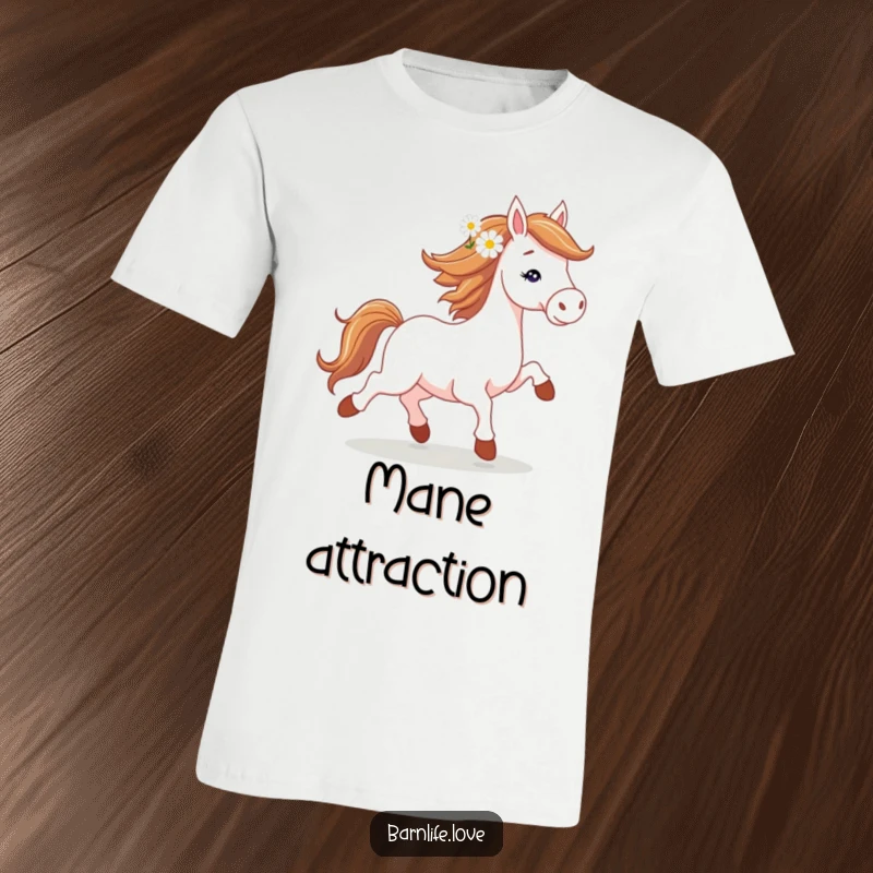 Funny horse trotting t-shirt depicting a spirited horse with a daisy in its mane, perfect for riders.