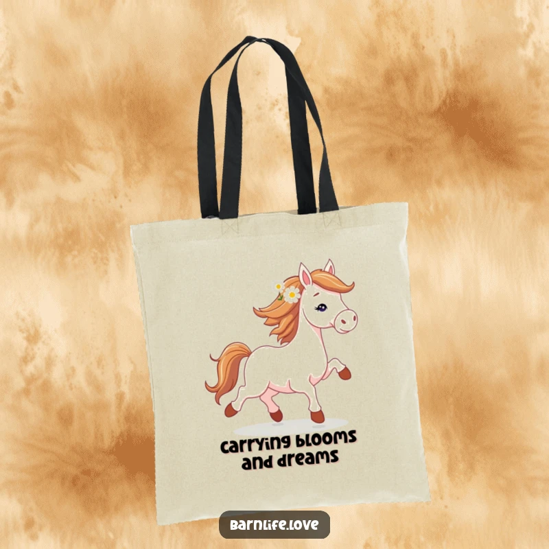 Funny horse trotting tote bag with a spirited horse and daisy, perfect for carrying essentials stylishly.