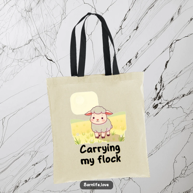 Funny Tote Bag with a contented sheep grazing in a sunlit field, a charming and practical farm-themed accessory.