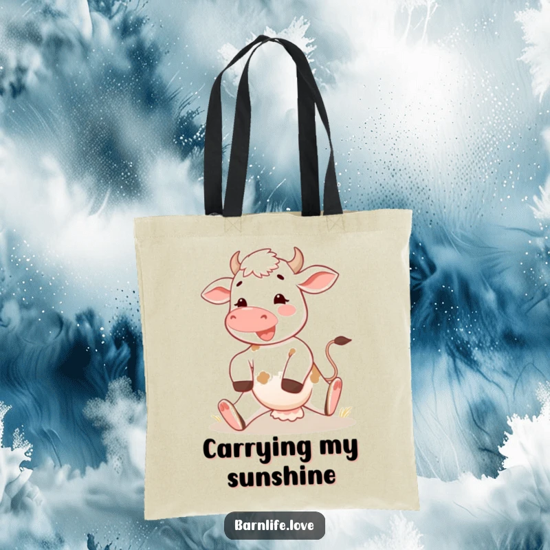 Funny calf tote bag showing a happy young cow stretching its legs in the morning sun, perfect for carrying essentials with farm charm.