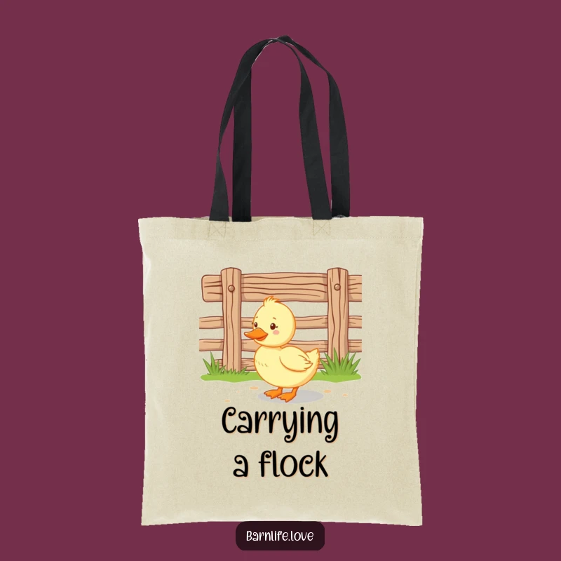 Funny Duckling Tote Bag: Happy Farm Animal Carry-All, Fence Scene Design