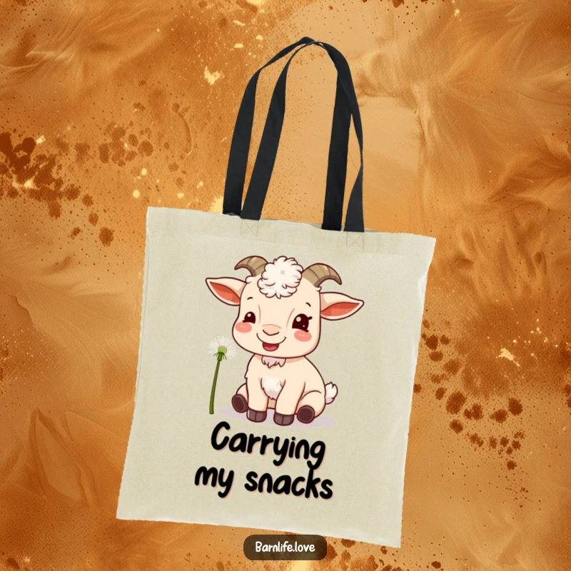 Funny goat munching tote bag showing a content goat eating a dandelion, perfect for everyday use.