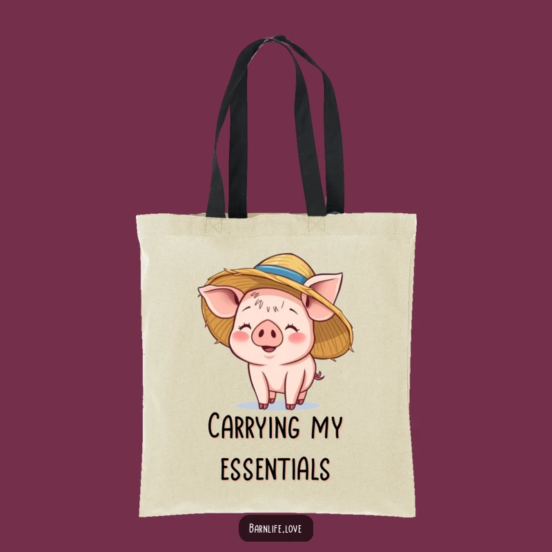 Funny Piglet Tote Bag: Smiling Farm Animal Carry-All, Straw Hat Accent