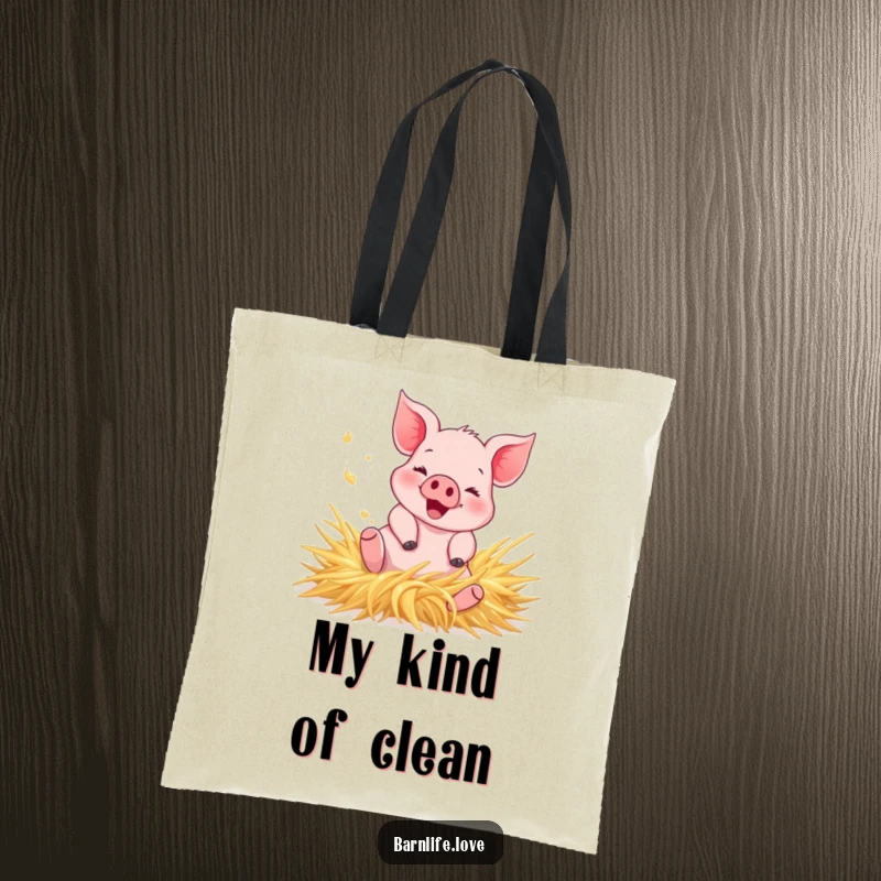 Funny Tote Bag with a happy piglet rolling in hay, kicking up dust, a charming and practical farm-themed accessory.